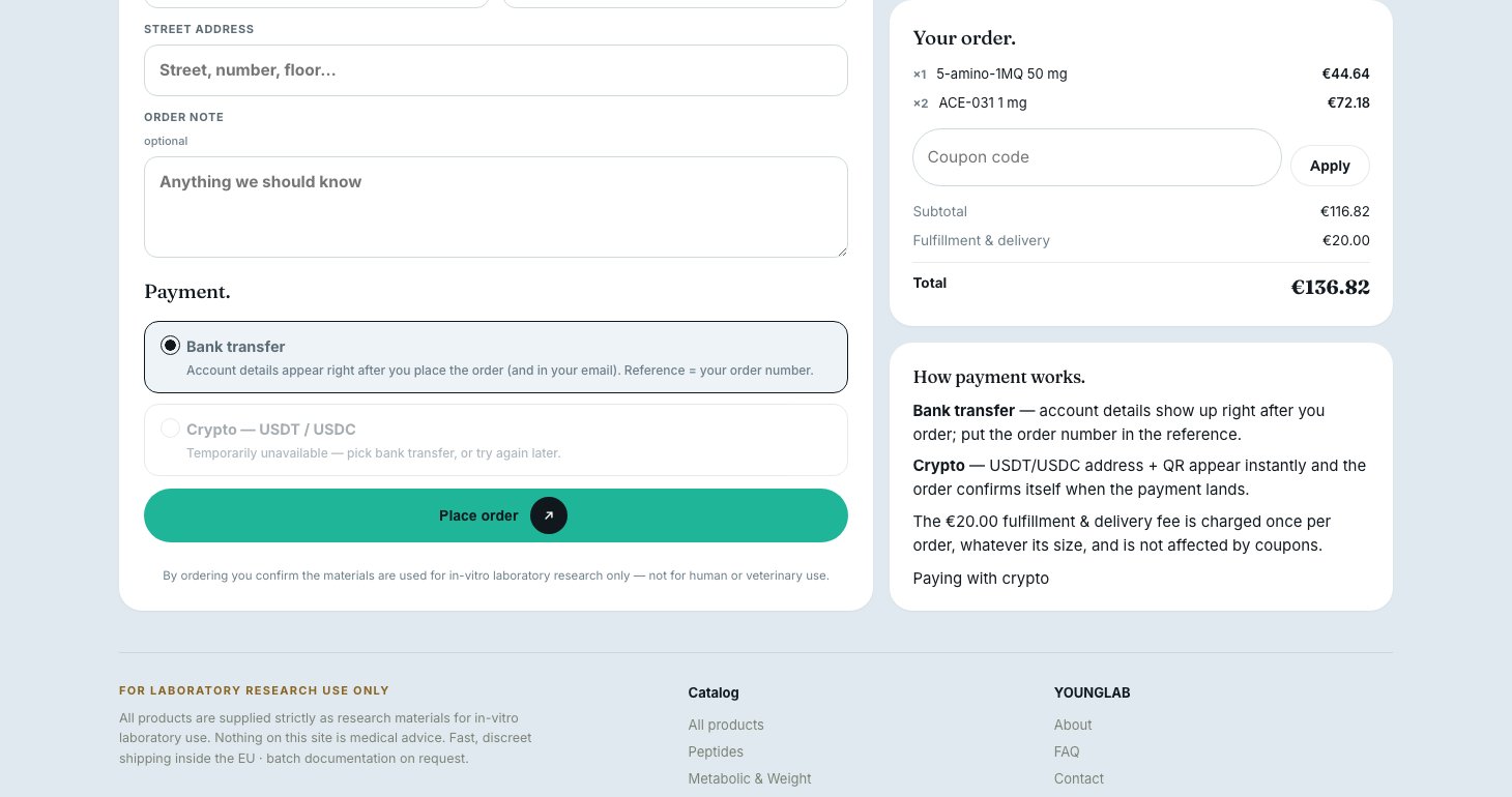 The payment step at checkout: bank transfer or crypto, then token and network. It is the only choice on our side.