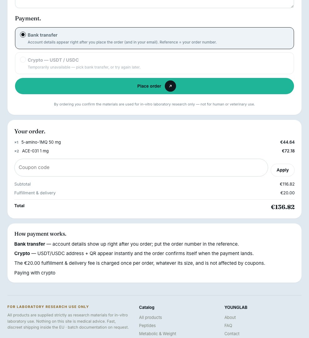 The order summary as you pay: goods, the single flat fulfillment fee, and the total the invoice is written for.